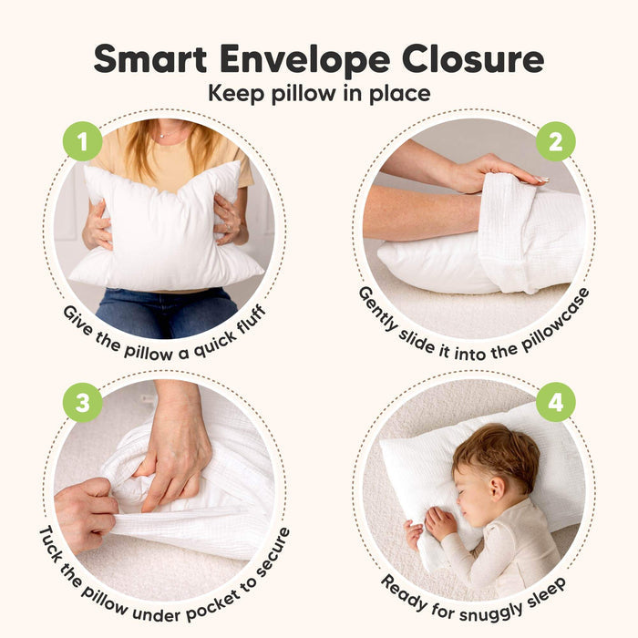 Toddler pillowcase with smart envelope closure to keep pillow securely in place.