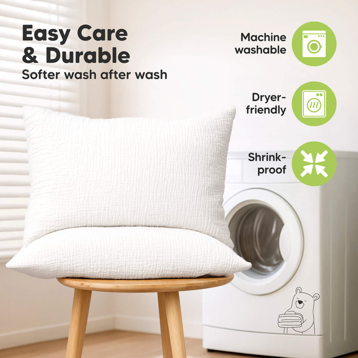 Machine-washable muslin toddler pillowcase that stays soft and durable wash after wash.
