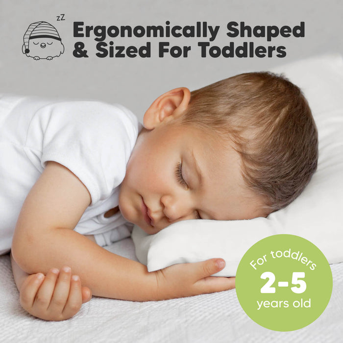 Ergonomically shaped toddler pillow designed for proper head and neck support for ages 2–5.