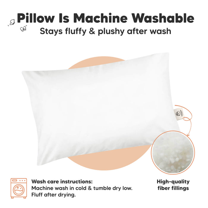 Machine-washable toddler pillow with high-quality fiber filling that stays fluffy after washing.