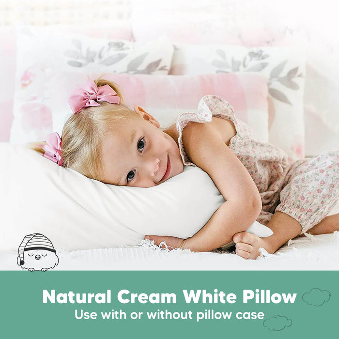 Natural cream white toddler pillow suitable for use with or without a pillowcase.
