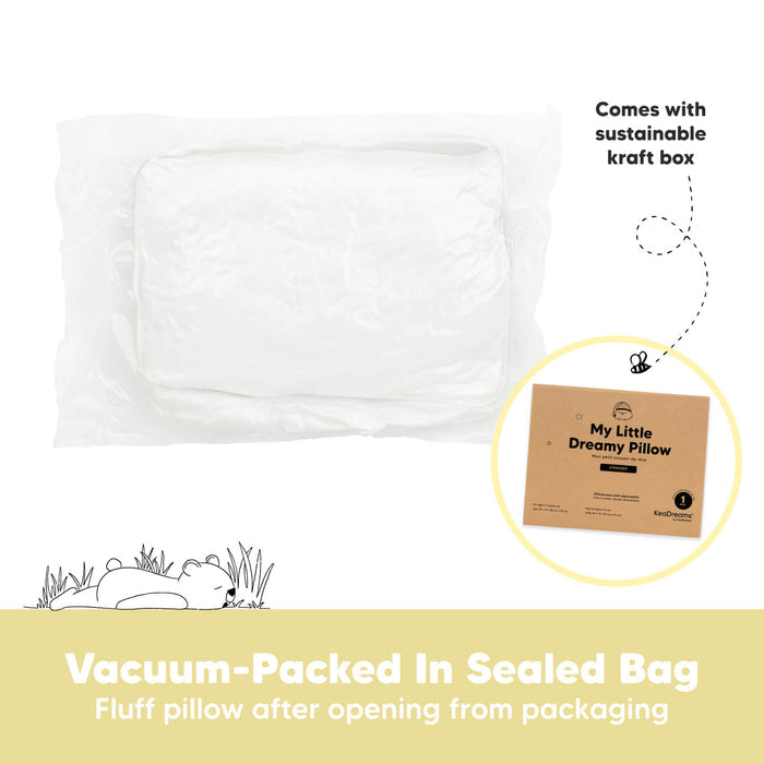 Vacuum-packed toddler pillow expands to full fluff after opening and includes kraft box.