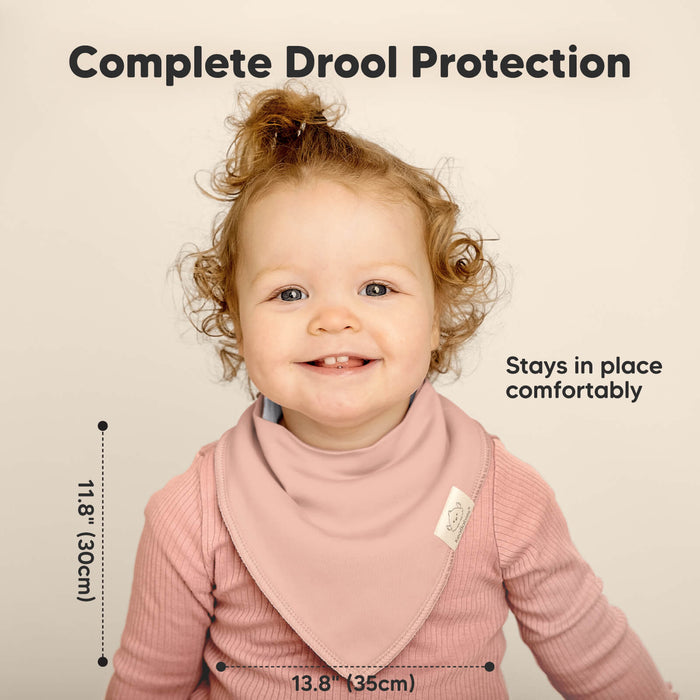 Complete Drool Protection keeps baby clothes dry with full-coverage bandana bibs.