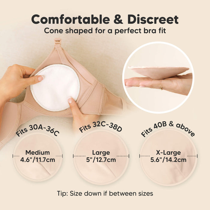 Comfortable & Discreet -Cone shaped for a perfect bra fit. 

Medium: Fits 30A–36C, 4.6” / 11.7 cm
Large: Fits 32C–38D, 5” / 12.7 cm
X-Large: Fits 40B & above, 5.6” / 14.2 cm

Tip: Size down if between sizes