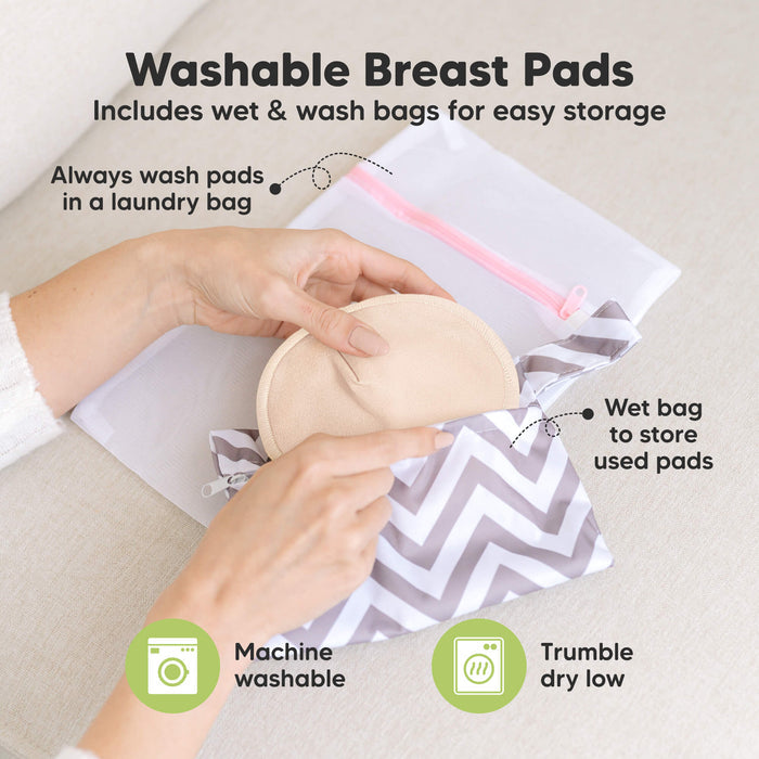 Washable Breast Pads that includes wet & wash bags for easy storage, machine washable, tumble dry low. Always wash pads in a laundry bag, Wet bag to store used pads.