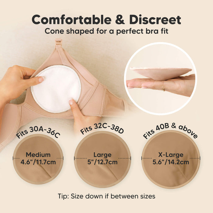 Comfortable & Discreet -Cone shaped for a perfect bra fit. 

Medium: Fits 30A–36C, 4.6” / 11.7 cm
Large: Fits 32C–38D, 5” / 12.7 cm
X-Large: Fits 40B & above, 5.6” / 14.2 cm

Tip: Size down if between sizes