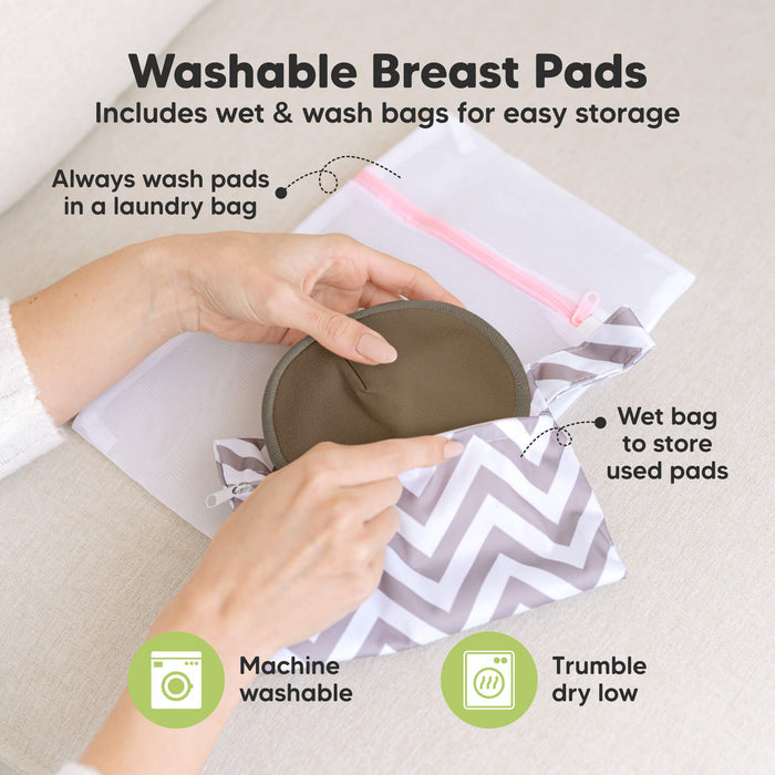 Washable Breast Pads that includes wet & wash bags for easy storage, machine washable, tumble dry low. Always wash pads in a laundry bag, Wet bag to store used pads.