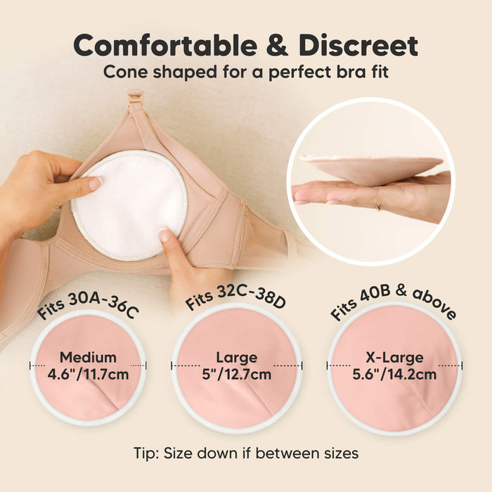 Comfortable & Discreet -Cone shaped for a perfect bra fit. 

Medium: Fits 30A–36C, 4.6” / 11.7 cm
Large: Fits 32C–38D, 5” / 12.7 cm
X-Large: Fits 40B & above, 5.6” / 14.2 cm

Tip: Size down if between sizes