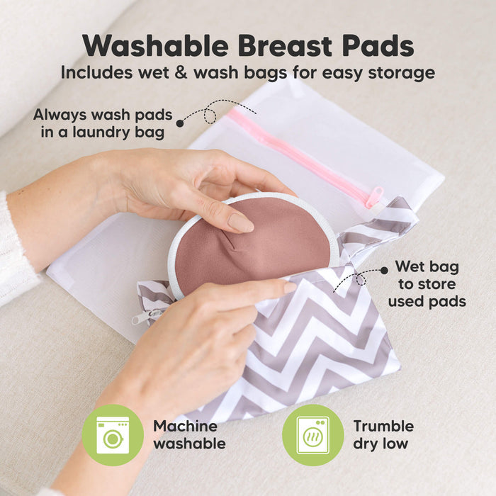 Washable Breast Pads that includes wet & wash bags for easy storage, machine washable, tumble dry low. Always wash pads in a laundry bag, Wet bag to store used pads.