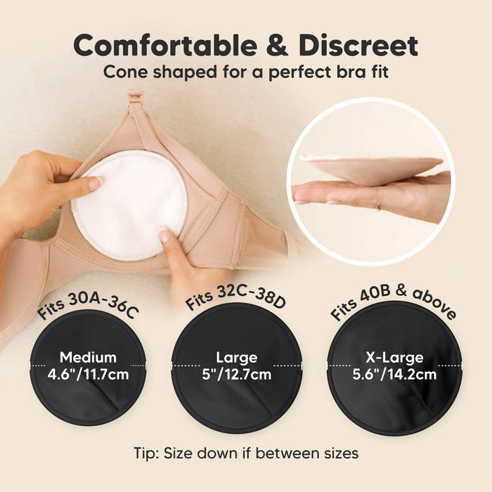 Comfortable & Discreet -Cone shaped for a perfect bra fit. 

Medium: Fits 30A–36C, 4.6” / 11.7 cm
Large: Fits 32C–38D, 5” / 12.7 cm
X-Large: Fits 40B & above, 5.6” / 14.2 cm

Tip: Size down if between sizes