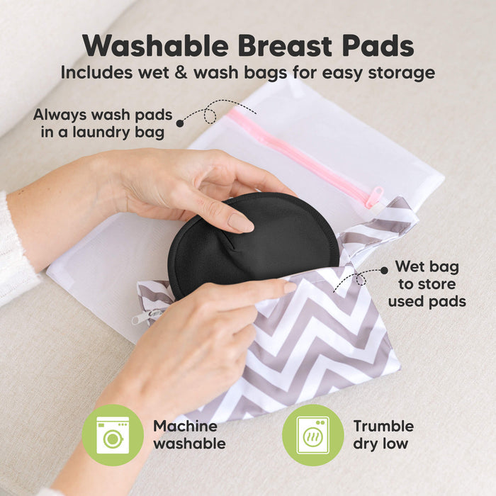 Washable Breast Pads that includes wet & wash bags for easy storage, machine washable, tumble dry low. Always wash pads in a laundry bag, Wet bag to store used pads.