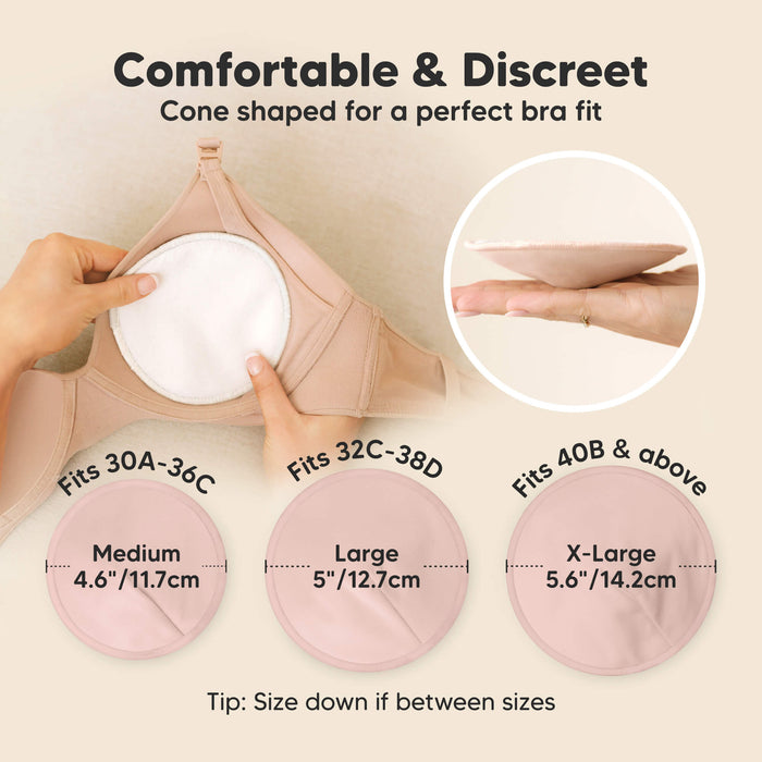 Comfortable & Discreet -Cone shaped for a perfect bra fit. 

Medium: Fits 30A–36C, 4.6” / 11.7 cm
Large: Fits 32C–38D, 5” / 12.7 cm
X-Large: Fits 40B & above, 5.6” / 14.2 cm

Tip: Size down if between sizes