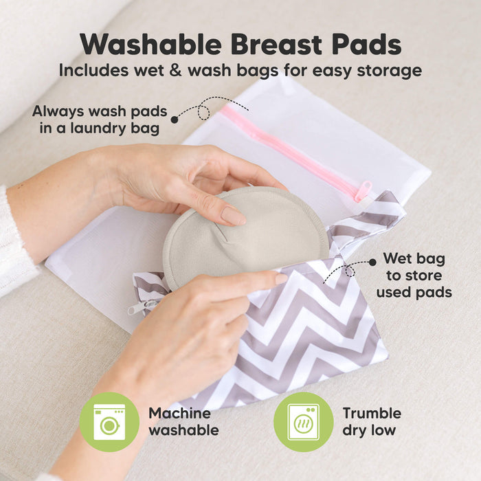 Washable Breast Pads that includes wet & wash bags for easy storage, machine washable, tumble dry low. Always wash pads in a laundry bag, Wet bag to store used pads.