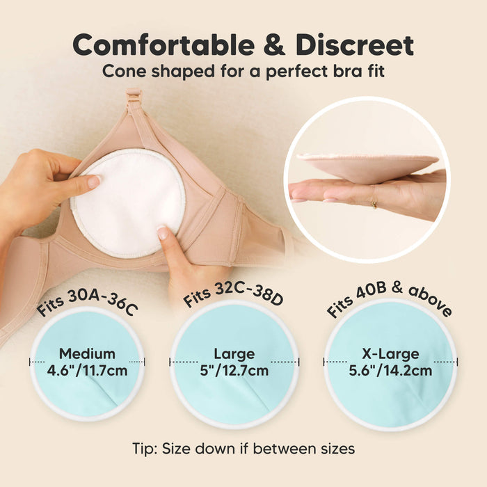 Comfortable & Discreet - Cone shaped for a perfect bra fit. Fits 30A–36C: Medium (4.6" / 11.7cm), Fits 32C–38D: Large (5" / 12.7cm), Fits 40B & above: X-Large (5.6" / 14.2cm), Tip: Size down if between sizes