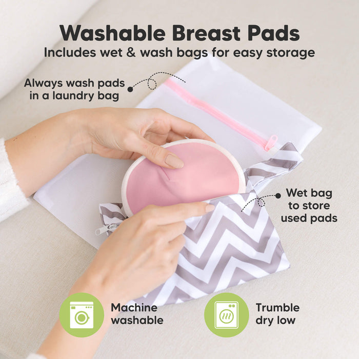 Washable Breast Pads  - Includes wet & wash bags for easy storage. Always wash pads in a laundry bag and wet bag to store used pads. Machine washable, Tumble dry low