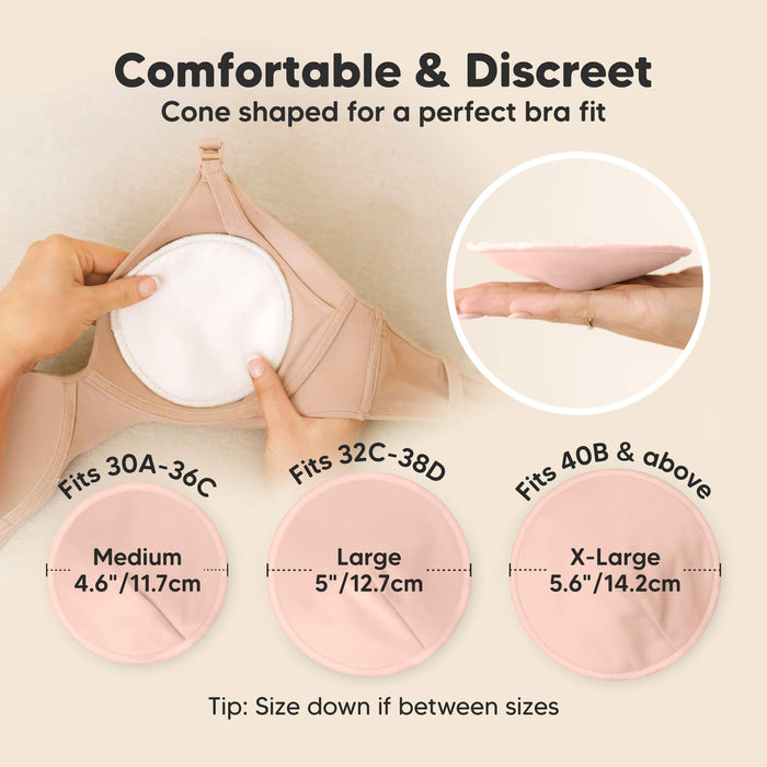 Comfortable & Discreet -Cone shaped for a perfect bra fit. 

Medium: Fits 30A–36C, 4.6” / 11.7 cm
Large: Fits 32C–38D, 5” / 12.7 cm
X-Large: Fits 40B & above, 5.6” / 14.2 cm

Tip: Size down if between sizes