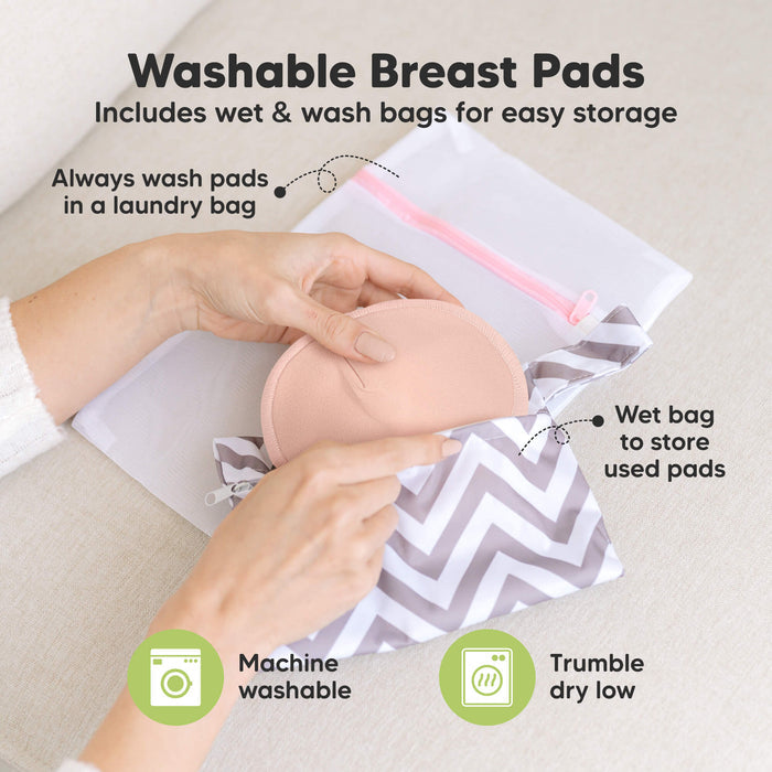 Washable Breast Pads that includes wet & wash bags for easy storage, machine washable, tumble dry low. Always wash pads in a laundry bag, Wet bag to store used pads.