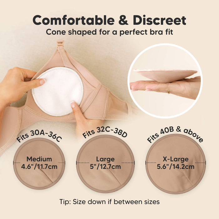 Comfortable & Discreet -Cone shaped for a perfect bra fit. 

Medium: Fits 30A–36C, 4.6” / 11.7 cm
Large: Fits 32C–38D, 5” / 12.7 cm
X-Large: Fits 40B & above, 5.6” / 14.2 cm

Tip: Size down if between sizes