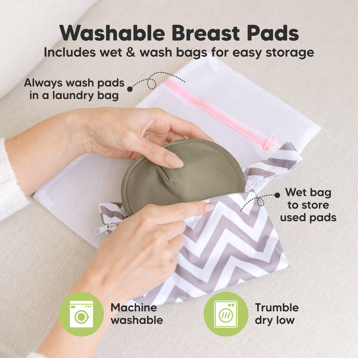 Washable Breast Pads that includes wet & wash bags for easy storage, machine washable, tumble dry low. Always wash pads in a laundry bag, Wet bag to store used pads.