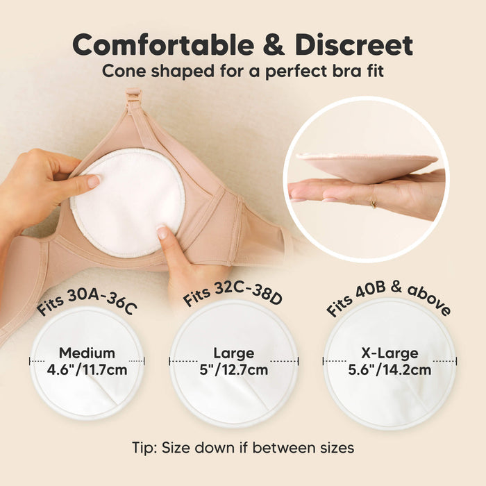 Comfortable & Discreet -Cone shaped for a perfect bra fit. 

Medium: Fits 30A–36C, 4.6” / 11.7 cm
Large: Fits 32C–38D, 5” / 12.7 cm
X-Large: Fits 40B & above, 5.6” / 14.2 cm

Tip: Size down if between sizes