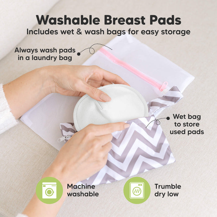 Washable Breast Pads that includes wet & wash bags for easy storage, machine washable, tumble dry low. Always wash pads in a laundry bag, Wet bag to store used pads.