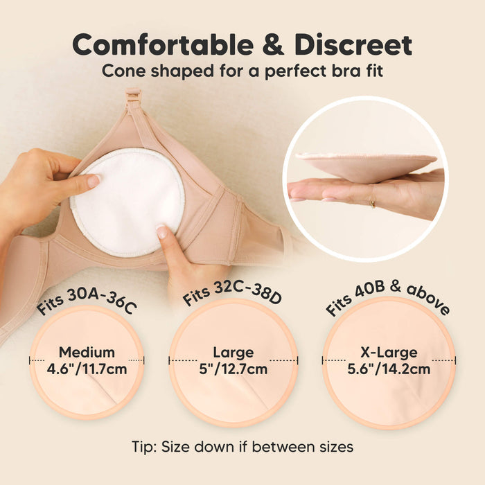 Comfortable & Discreet -Cone shaped for a perfect bra fit. 

Medium: Fits 30A–36C, 4.6” / 11.7 cm
Large: Fits 32C–38D, 5” / 12.7 cm
X-Large: Fits 40B & above, 5.6” / 14.2 cm

Tip: Size down if between sizes