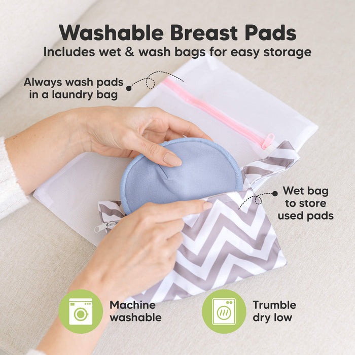 Washable Breast Pads that includes wet & wash bags for easy storage, machine washable, tumble dry low. Always wash pads in a laundry bag, Wet bag to store used pads.