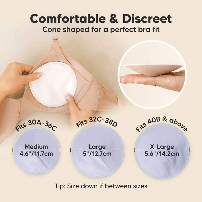 Comfortable & Discreet -Cone shaped for a perfect bra fit. 

Medium: Fits 30A–36C, 4.6” / 11.7 cm
Large: Fits 32C–38D, 5” / 12.7 cm
X-Large: Fits 40B & above, 5.6” / 14.2 cm

Tip: Size down if between sizes