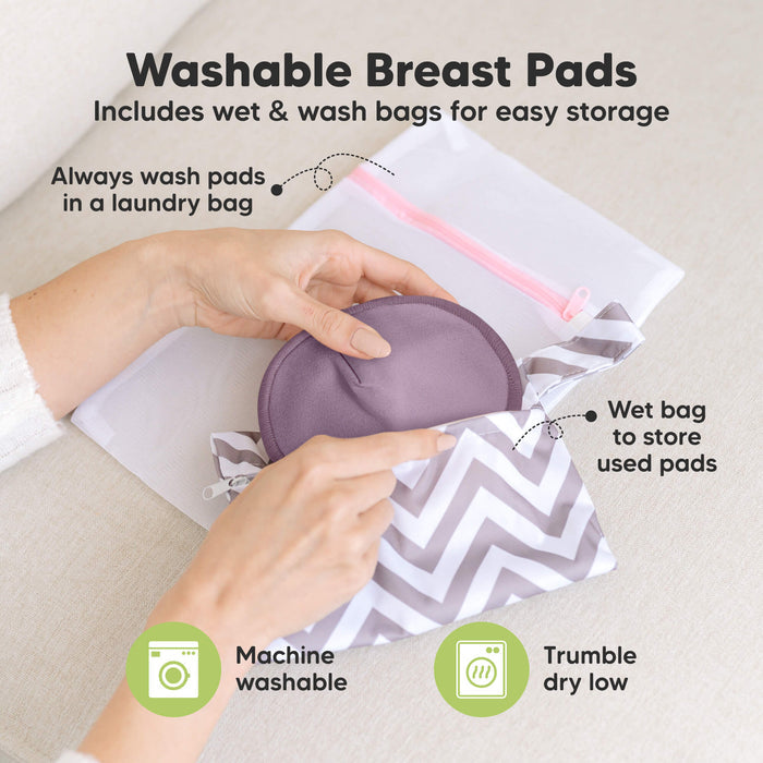 Washable Breast Pads that includes wet & wash bags for easy storage, machine washable, tumble dry low. Always wash pads in a laundry bag, Wet bag to store used pads.