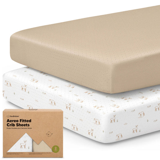 2-Pack Aereo Fitted Crib Sheets with soft, breathable fabric, snug fit for everyday crib use.