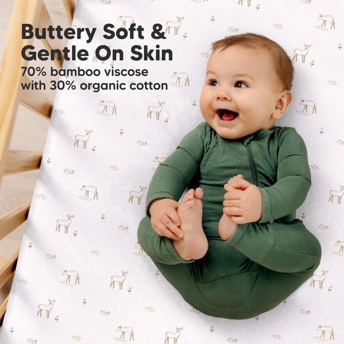 Buttery-soft Aereo fitted crib sheet made of 70% bamboo viscose and 30% organic cotton, gentle on baby skin