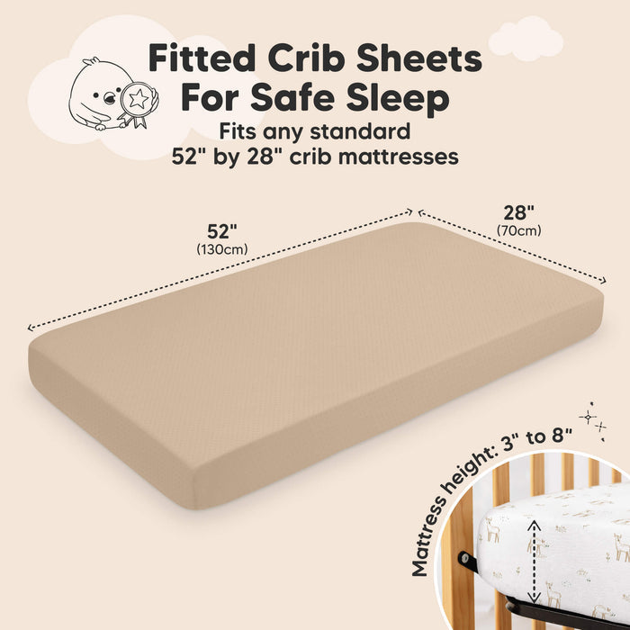 Fitted crib sheet designed for safe sleep, sized to fit standard 52 x 28 inch crib mattresses
