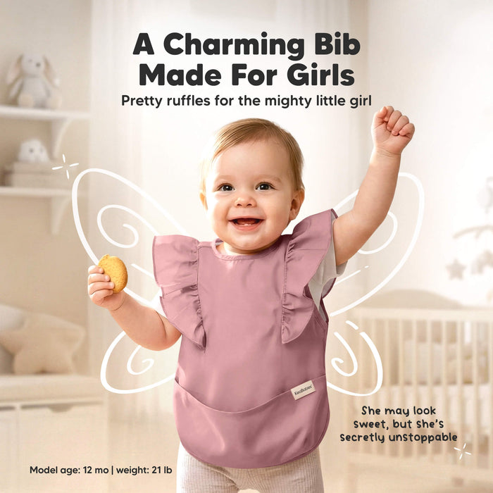 A Charming Bib Made for Girls 
Pretty ruffles for might little girl 
Model Age: 12 months 
Weight: 21 lb
She may look sweet, but she's secretly unstoppable