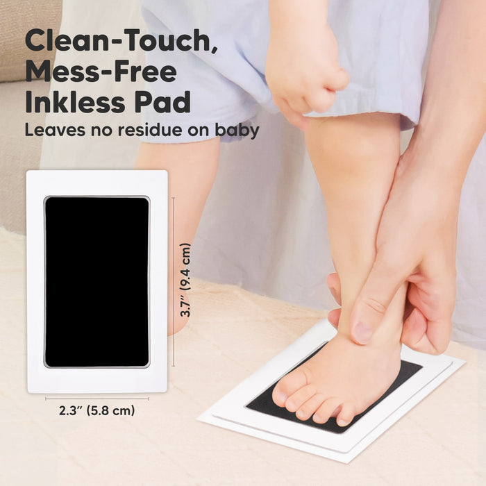 Clean-touch, mess-free inkless pad, size 2.3 × 3.7 inches, leaves no residue on baby.