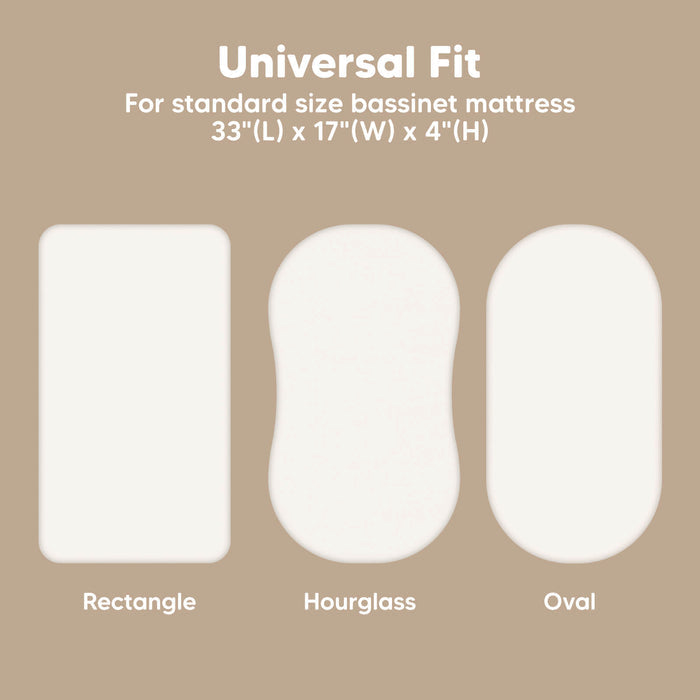 Universal fit Isla fitted bassinet sheets for standard 33" x 17" x 4" mattresses, compatible with rectangle, hourglass, and oval shapes.