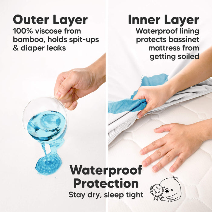 Waterproof Protection - Stay dry, sleep tight (Outer Layer: 100% viscose from bamboo, holds spit-ups & diaper leaks) (Inner Layer: Waterproof lining protects bassinet mattress from getting soiled)
