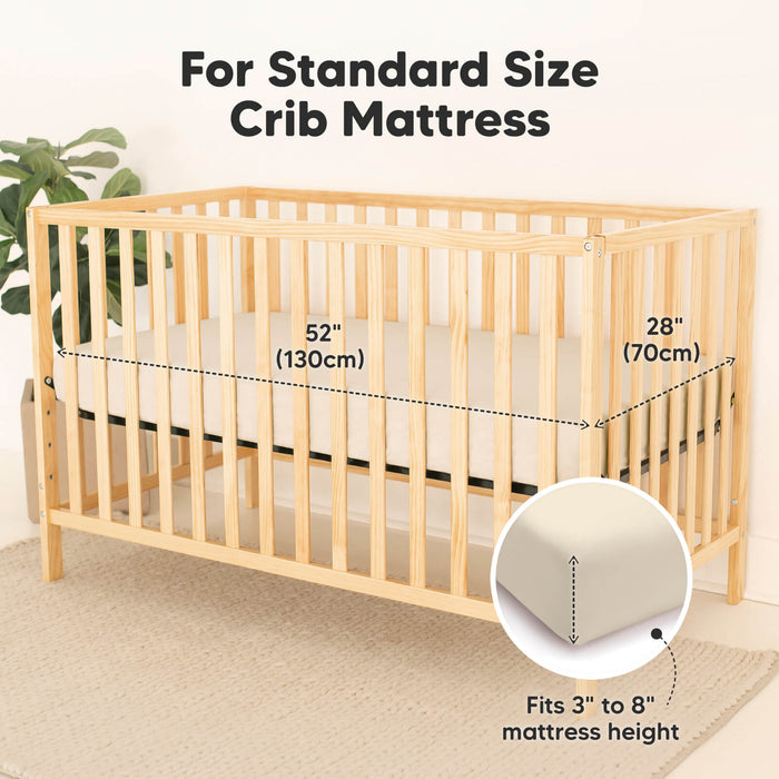 For Standard Size Crib Mattress, sized at 52 inches long, 28 inches wide, and fits 3 to 8 inches of mattress height.