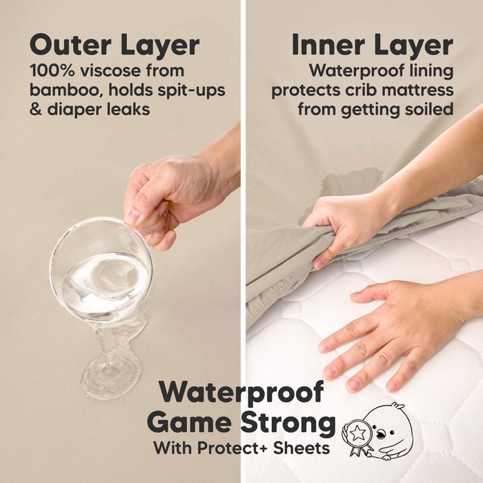 Waterproof Game Strong With Protect+ Sheets - Outer Layer (100% viscose from bamboo, holds spit-ups & diaper leaks) and Inner Layer (Waterproof lining protects crib mattress from getting soiled)