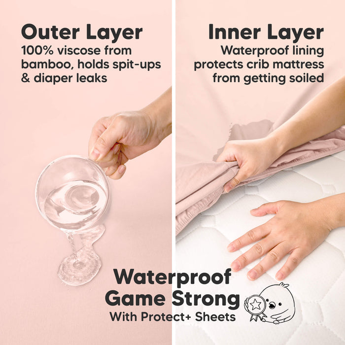 Waterproof game strong with Protect+ sheets, featuring a bamboo viscose outer layer and waterproof inner lining.