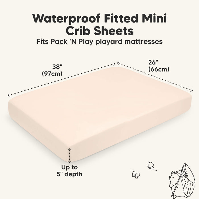 Waterproof fitted mini crib sheets fitting Pack ’N Play playard mattresses, 38 × 26 inches with up to 5-inch depth.