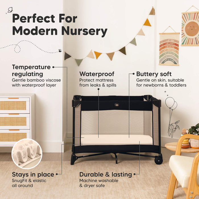 Perfect for modern nursery with temperature-regulating bamboo viscose, waterproof protection, and durable fit.