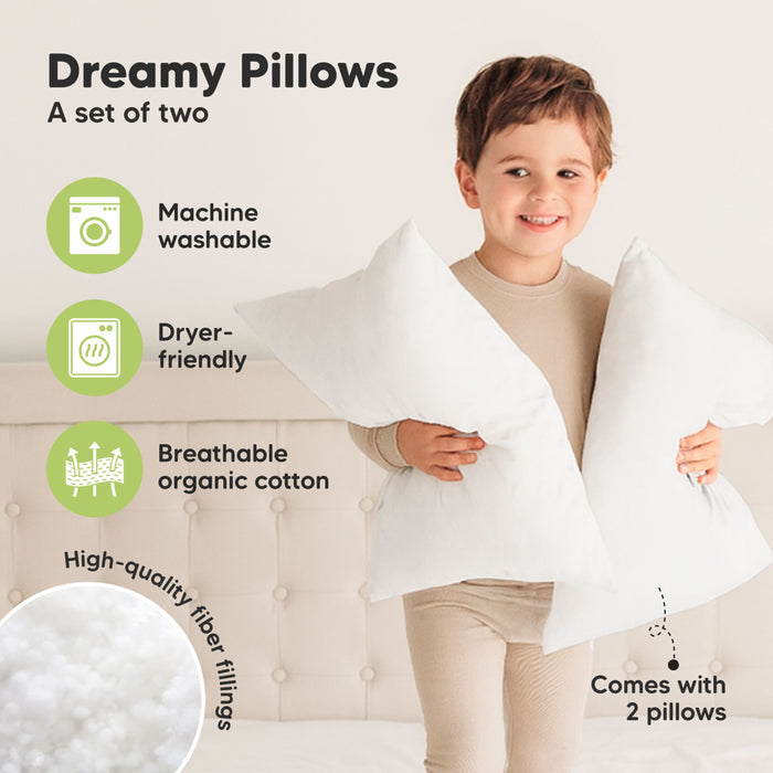Dreamy pillows, a set of two with machine washable, dryer-friendly, breathable organic cotton and high-quality fiber filling.