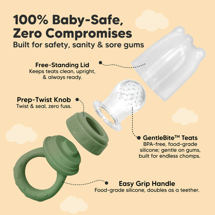 100% baby-safe food feeder with free-standing lid, prep-twist knob, GentleBite™ teats, and easy-grip handle.