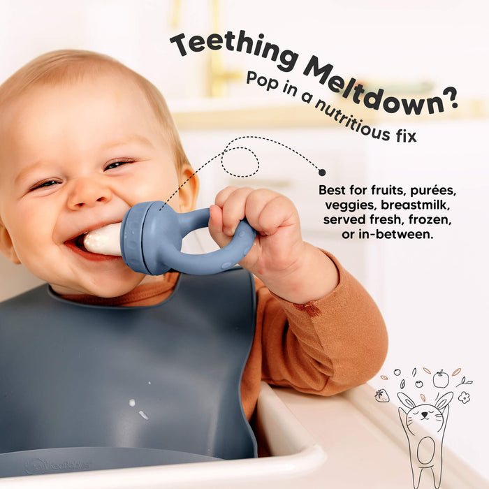 Teething meltdown solution using a baby food feeder for fruits, purées, veggies, breastmilk, fresh or frozen foods.