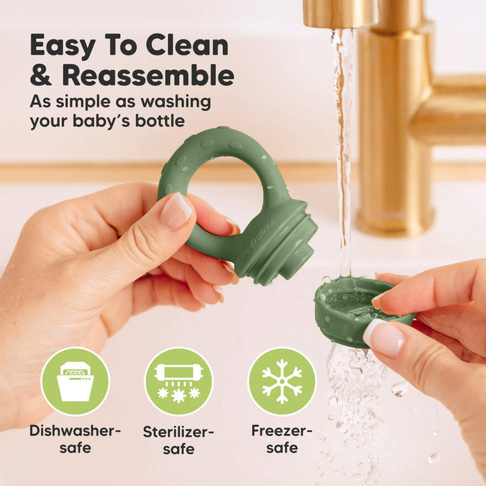 Easy-to-clean and reassemble baby food feeder that is dishwasher-safe, sterilizer-safe, and freezer-safe.