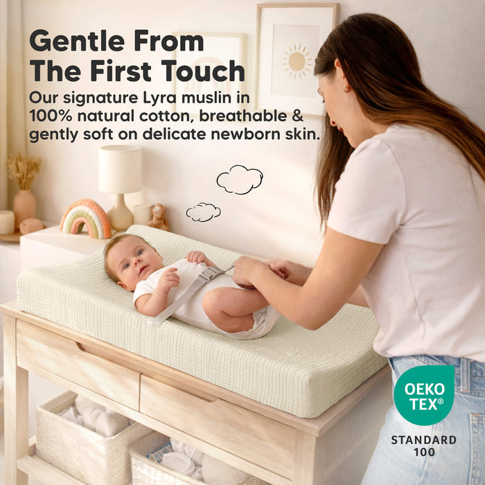 Gentle From The First Touch
Our signature Lyra muslin in 100% natural cotton, breathable & gently soft on delicate newborn skin.
OEKO-TEX Standard 100