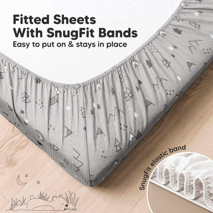 Fitted sheets with SnugFit bands that stay in place.