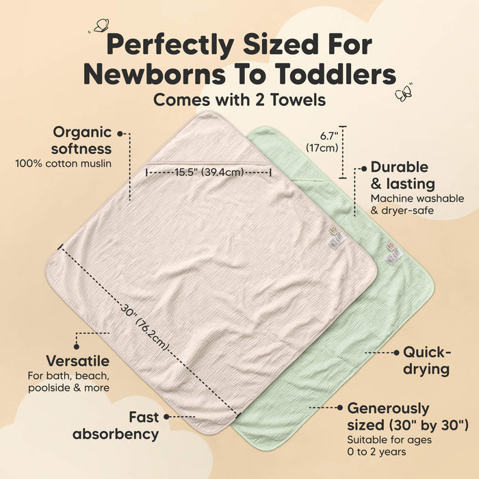 Perfectly sized hooded baby towels, set of two, 30" x 30", quick-drying, fast-absorbing, machine washable and dryer-safe for ages 0 to 2 years.