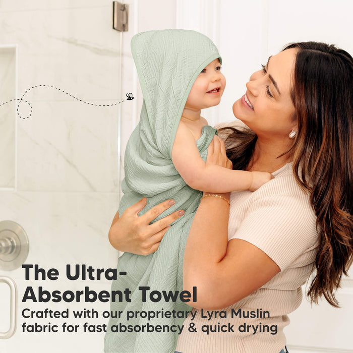 Ultra-absorbent hooded towel crafted with Lyra muslin for fast absorbency and quick drying.