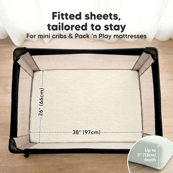 Fitted Sheets, Tailored To Stay - For mini cribs & Pack 'n Play mattresses (size 38" x 26" and fits up to 5" depth)
